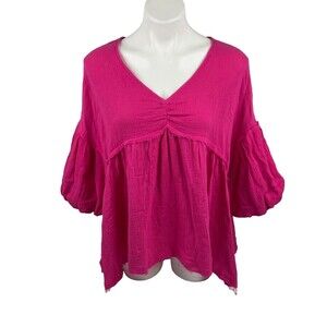Ice Bird Women Small Pink Babydoll Top Oversized Puff Sleeves Ruffle NWT